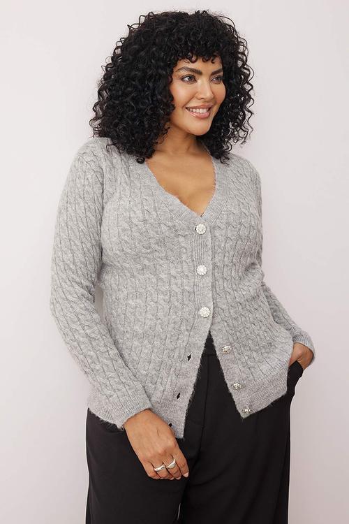 Hair Braided Gem Button Soft Feel Knitwear Cardigan - Grey