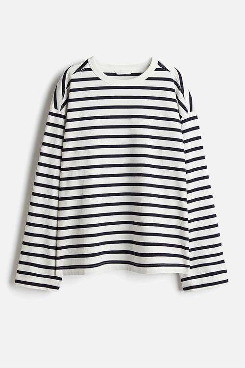 Cotton jersey top - white & navy blue striped