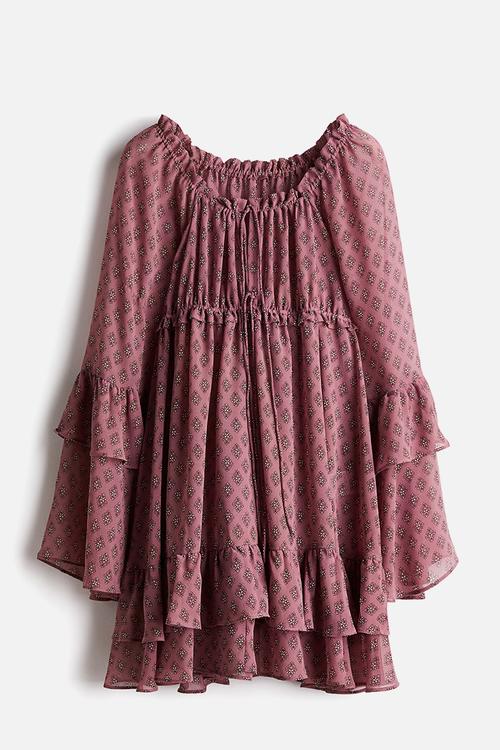 Flounced chiffon dress - old rose patterned
