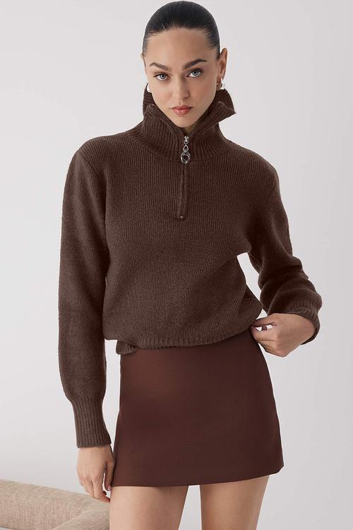 Wardrobe Essentials Wool Premium Yarn Zippered Basic Knitwear Sweater - Brown