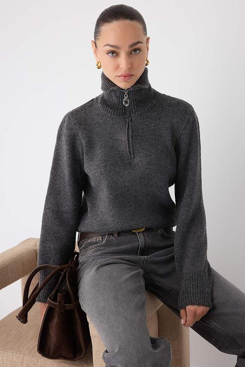 Wardrobe Essentials Wool Premium Yarn Zippered Basic Knitwear Sweater - Anthracite