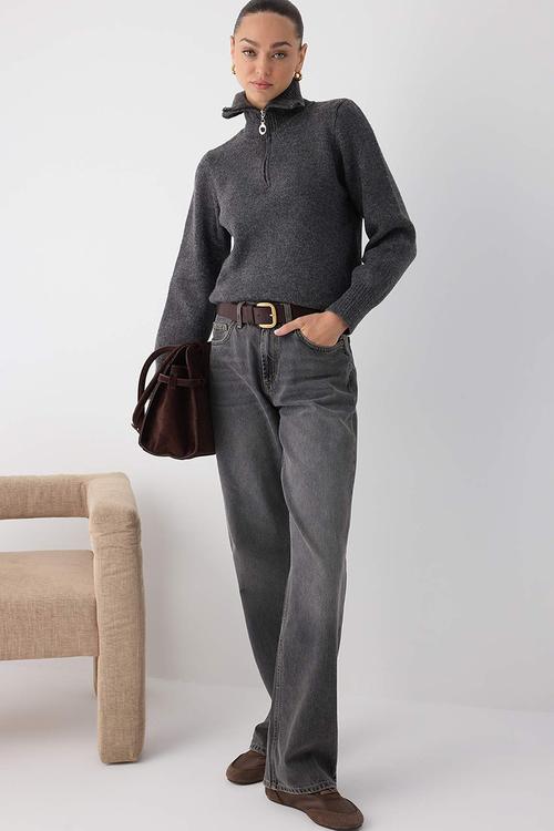 Wardrobe Essentials Wool Premium Yarn Zippered Basic Knitwear Sweater - Anthracite