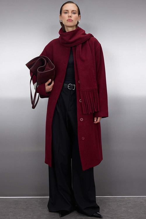 Shawl Detailed Mono Closure Oversize Long Cashmere Coat - Burgundy