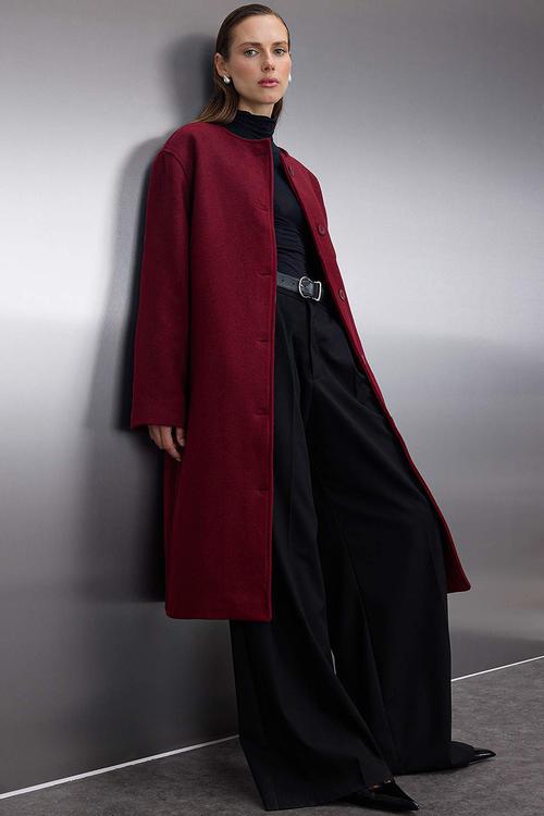 Shawl Detailed Mono Closure Oversize Long Cashmere Coat - Burgundy
