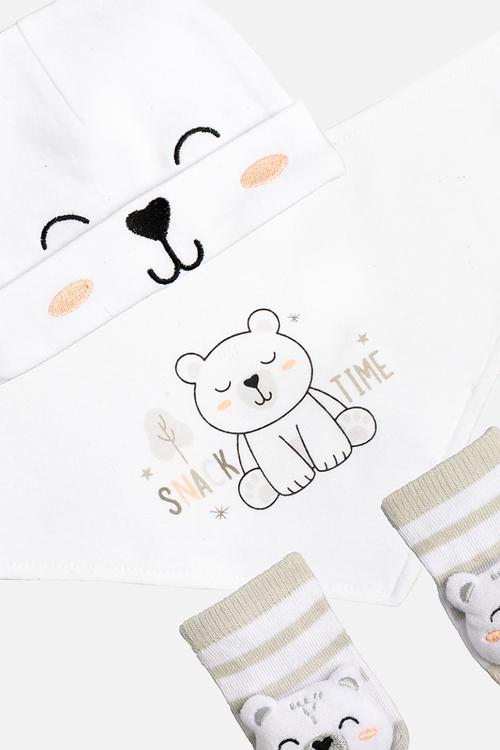 Bear Snuggle Set (Beanie, Bib & Booties Set) - white