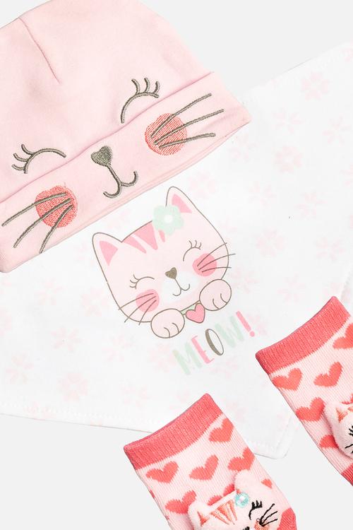 Cats Snuggle Set (Beanie, Bib & Booties Set) - pink