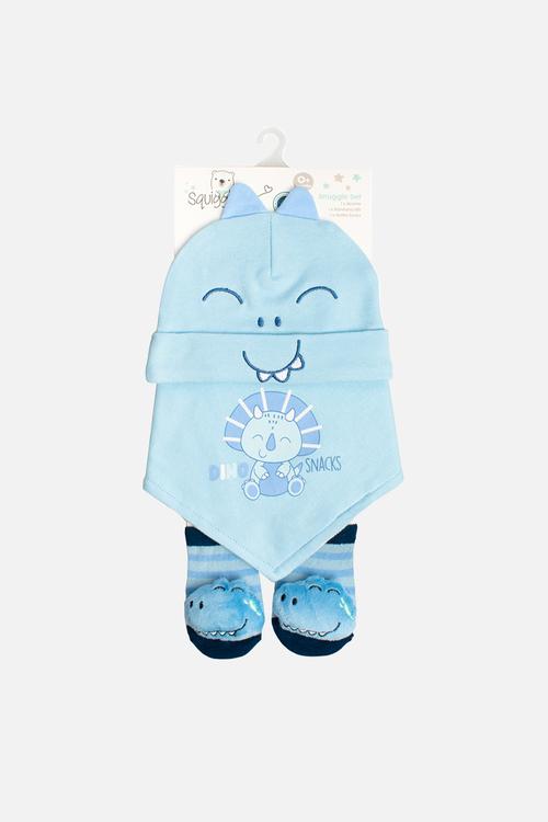 Dino Snuggle Set (Beanie, Bib & Booties Set) - blue