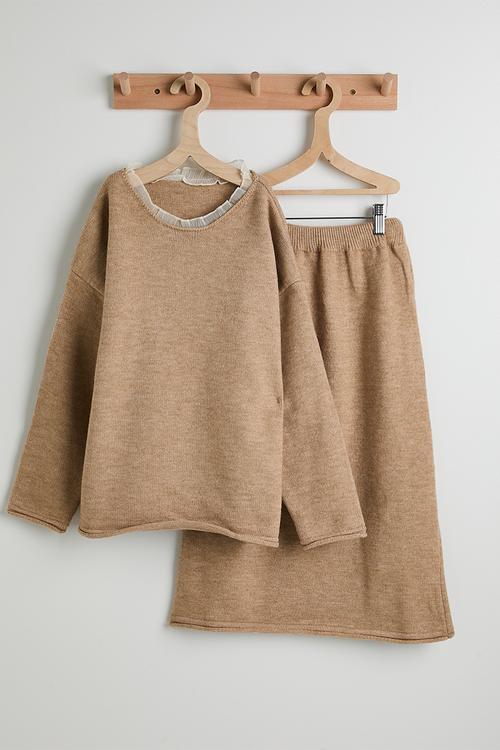 Knit sweater & midi skirt set - wheat brown