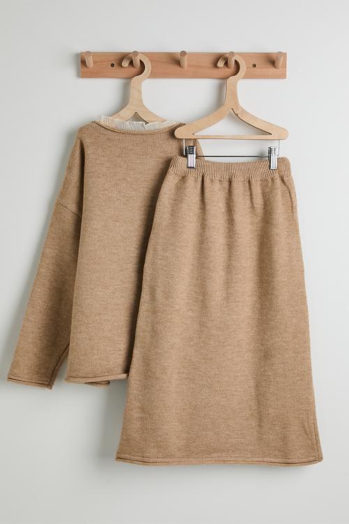 Knit sweater & midi skirt set - wheat brown