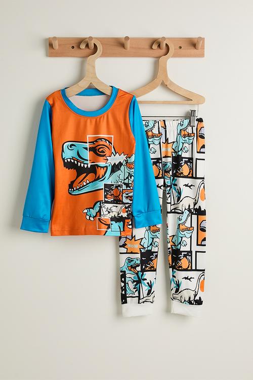 Cartoon dino pj set - blue/orange/multi