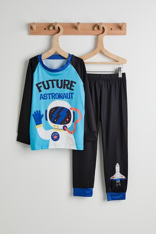 Slogan raglan sleeve pj set - black/blue