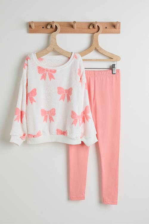 Fleece sweat top & leggings - white/bow aop/pink