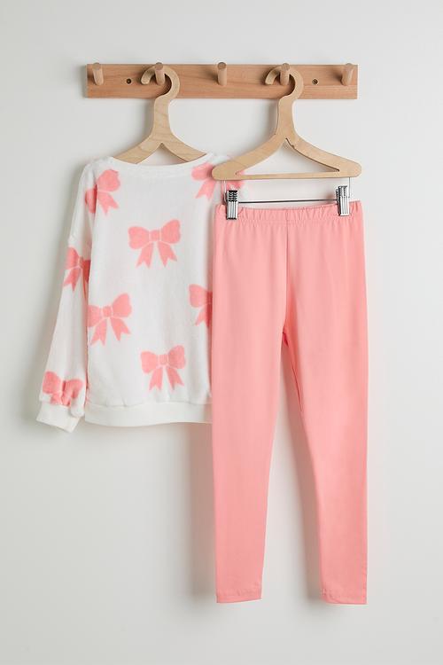 Fleece sweat top & leggings - white/bow aop/pink