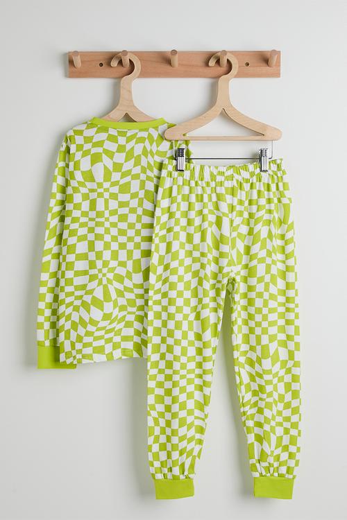Long sleeved pj set - lime green/checkerboard