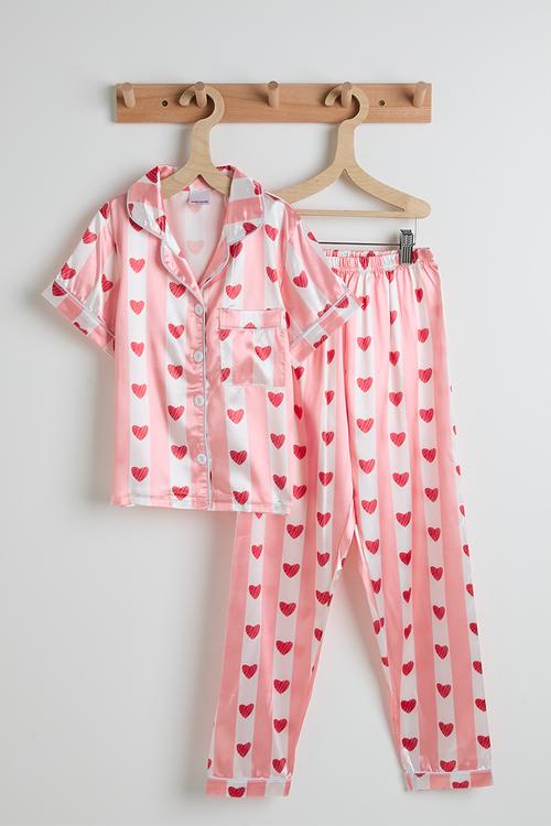 Short sleeve silk pj set - pink stripes/heart aop