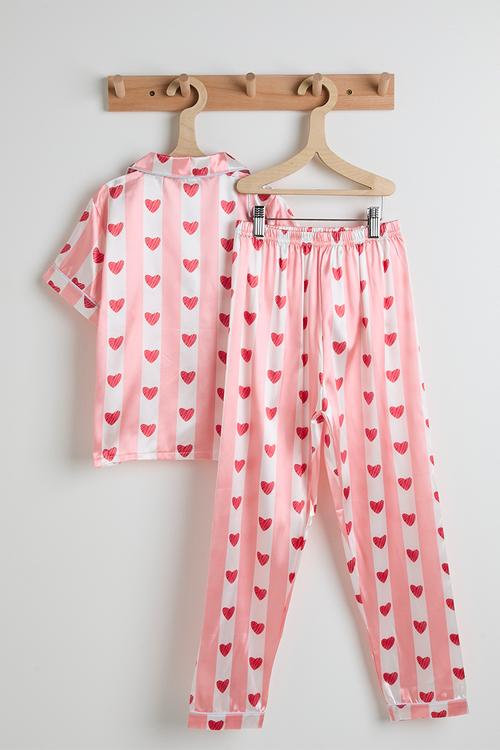 Short sleeve silk pj set - pink stripes/heart aop