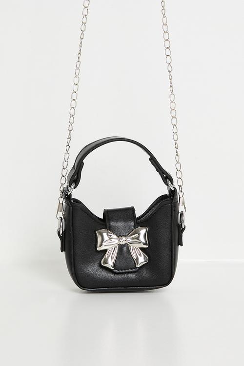 Handbag with metallic bow buckle - black