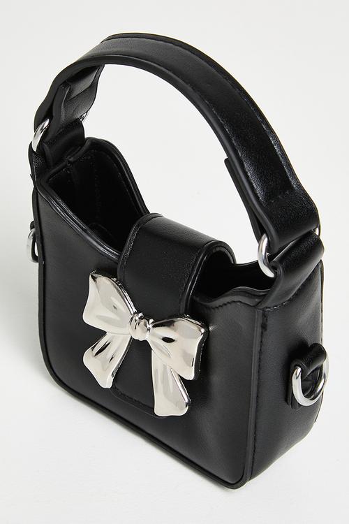 Handbag with metallic bow buckle - black