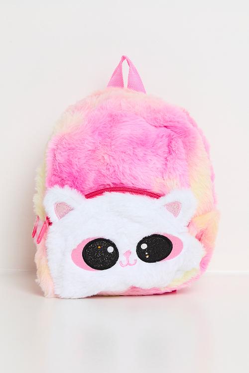 Kitten face plush backpack - pink gradient/white