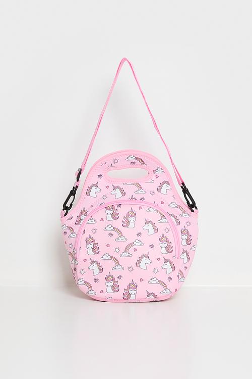 Unicorn aop lunch tote with strap - pink