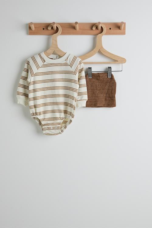 Long sleeve bodysuit with beanie - brown stripes/brown