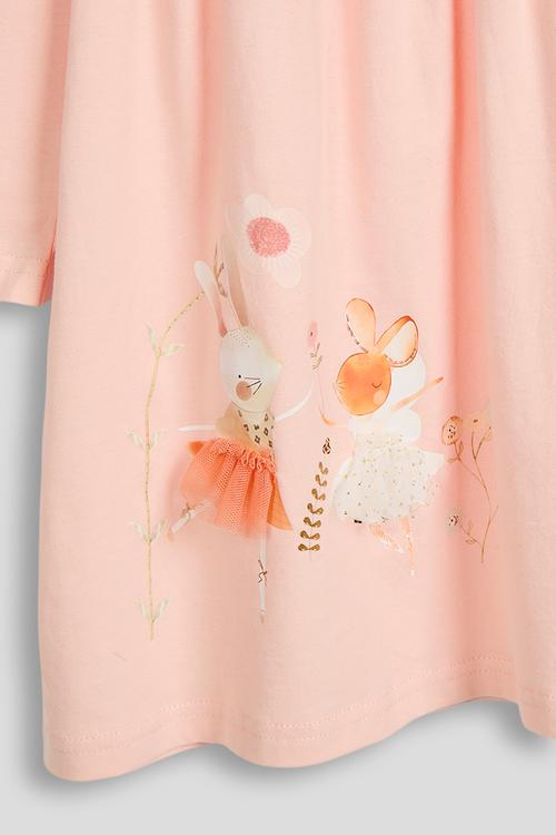 Bunny ballerina graphic dress with frilled sleeves - pale peach