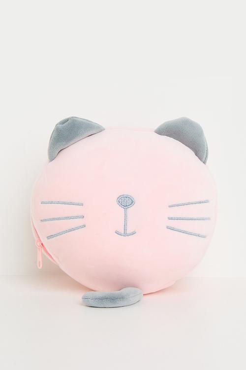 Soft travel pillow with eye mask - pink/grey/cat