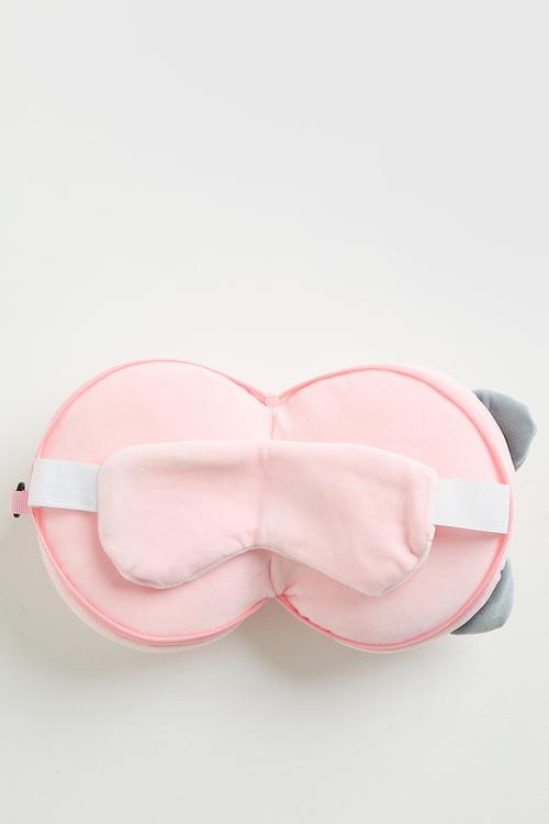 Soft travel pillow with eye mask - pink/grey/cat