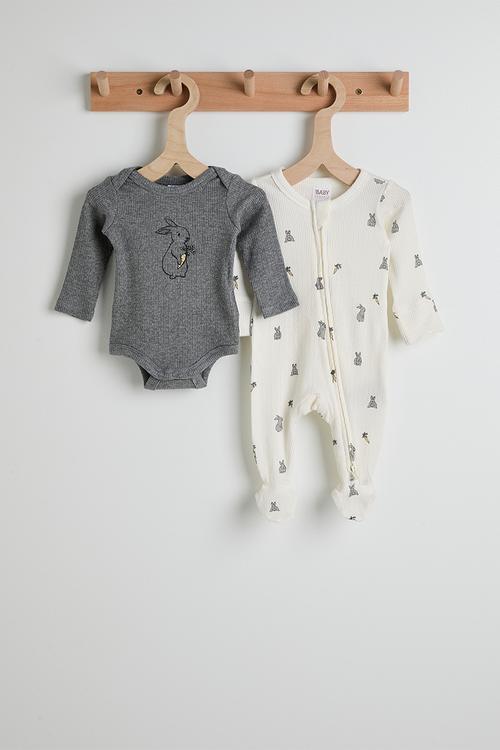 Bundle Organic Pointelle Zip Romper & Bubbysuit - Milk/Bunny Tails & Midgreymarle/Bunny