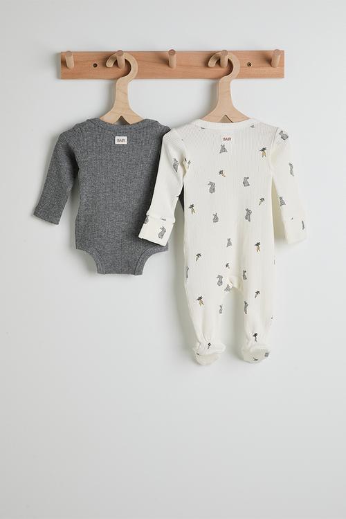 Bundle Organic Pointelle Zip Romper & Bubbysuit - Milk/Bunny Tails & Midgreymarle/Bunny