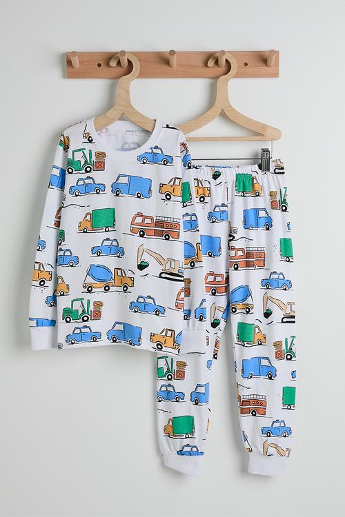 Pj set - white/car multi
