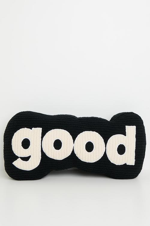 Corduroy teddy fleece slogan pillow - black/cream
