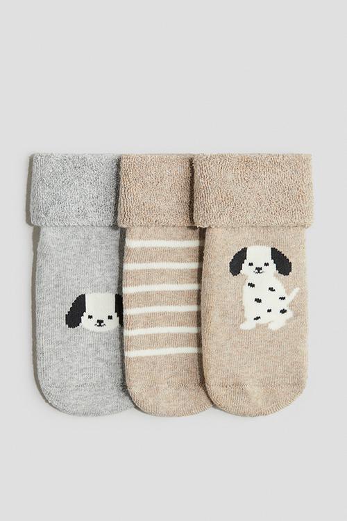 3-pack terry socks - beige/puppy