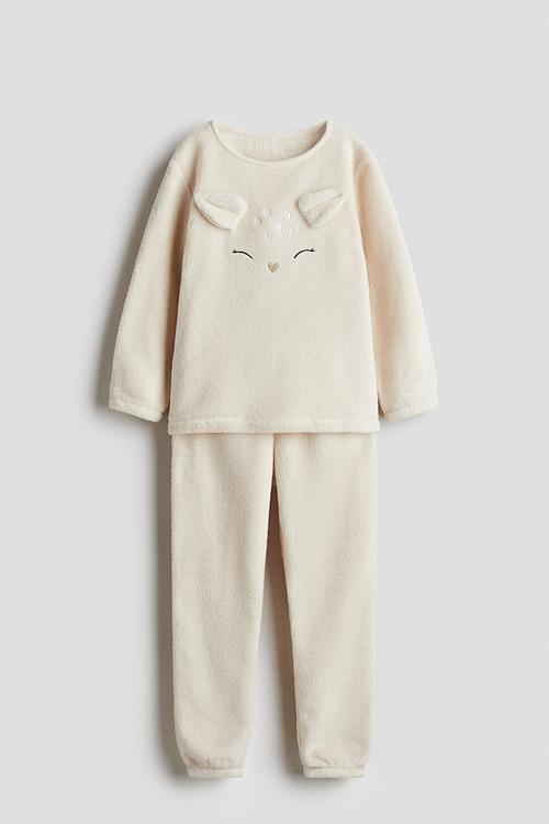 Appliquéd pile pyjamas - cream/deer 