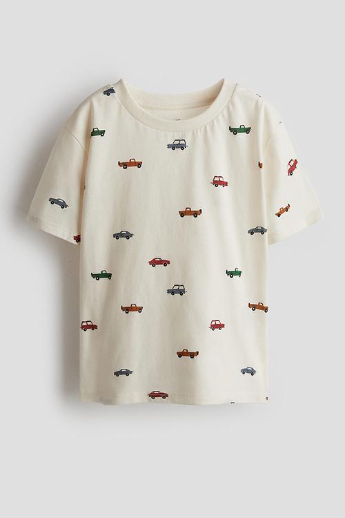 Printed cotton t-shirt - cream/cars