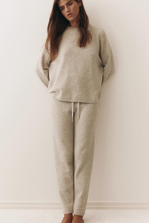Fine-knit joggers - light beige marl