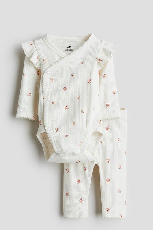2-piece cotton pointelle set - cream/floral 