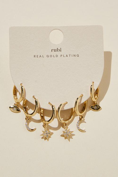 3 Pack mid evil eye star moon earring - gold plated