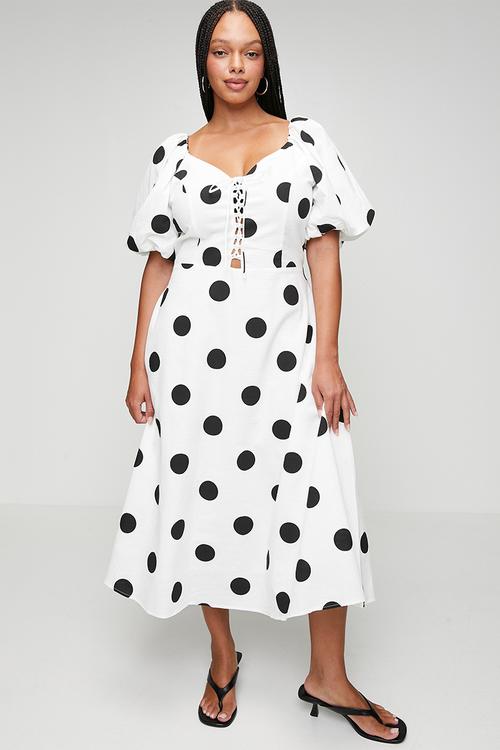 Plus Spot Linen Blend Dress with Lace Up Detail - White