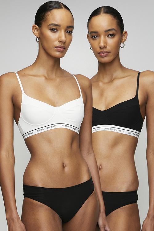 Branded Cotton Balconette Bralette 2 Pack - Black/White
