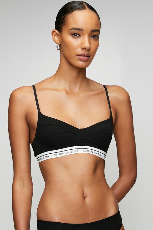 Branded Cotton Balconette Bralette 2 Pack - Black/White