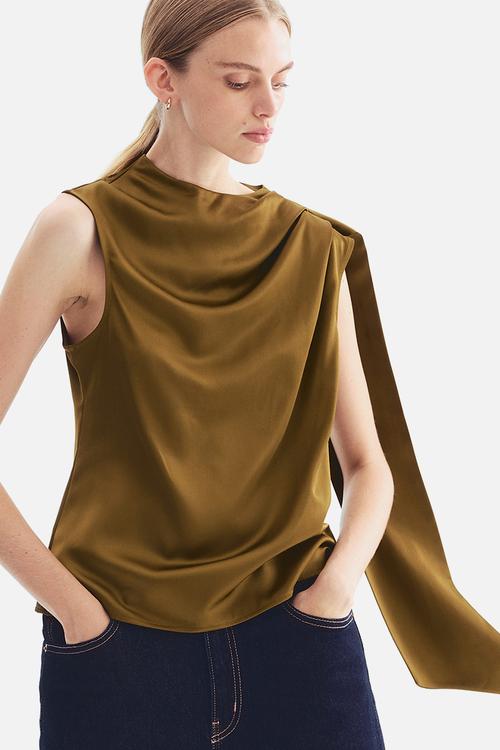 Draped satin blouse - golden olive