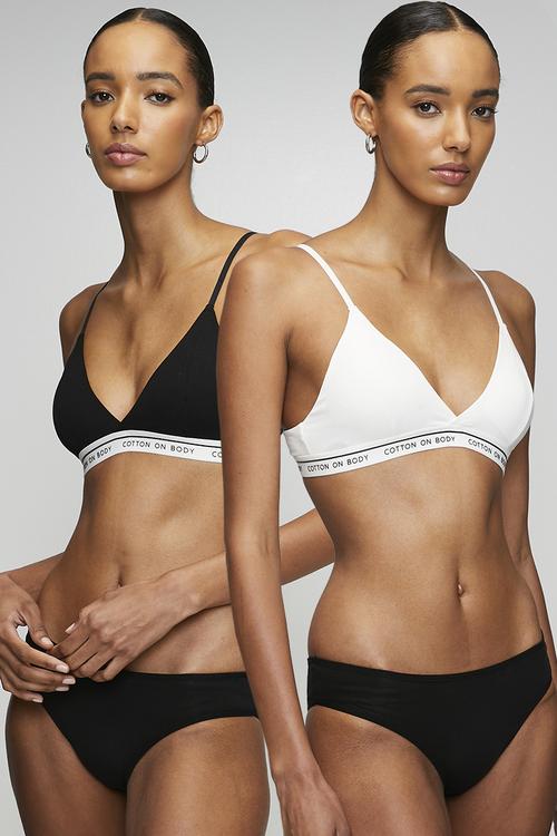 Branded Cotton Cross Over Bralette 2 Pack - Black/White