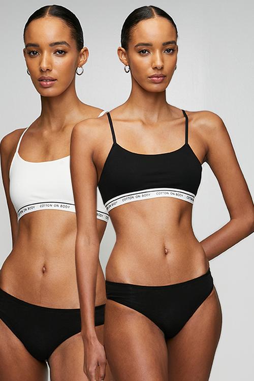 Branded Cotton Scoop Bralette 2 Pack - Black/White