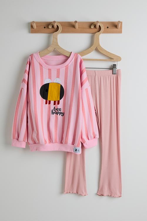 Sweat top with ribbed leggings - pink/stripes