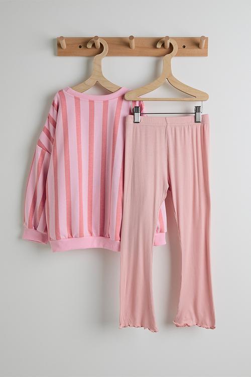 Sweat top with ribbed leggings - pink/stripes