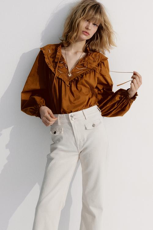 Broderie anglaise-detail blouse - mustard yellow 