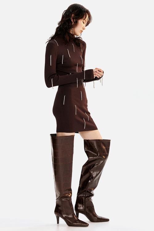 Over-the-knee boots - dark brown crocodile pattern