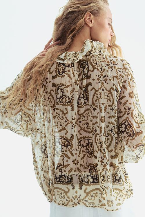 Frilled-collar blouse - light beige patterned 