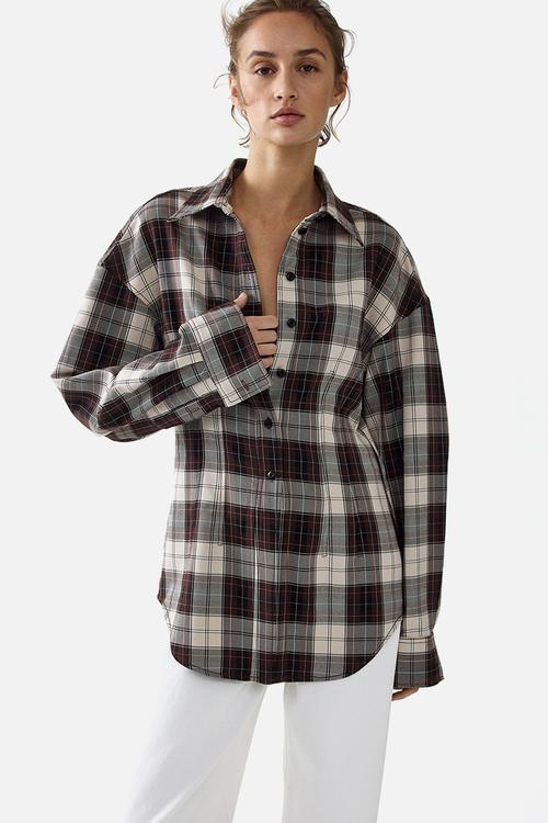 Waisted twill shirt - dark brown checked